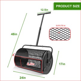 24 Inch Compost Spreader and Peat Moss Spreader, 24" Lawn Spreader Roller Spreader with Height Adjustable T Shaped Handle, Steel Mesh Basket Garden Spreader for Spreading Manure Topsoil, Black