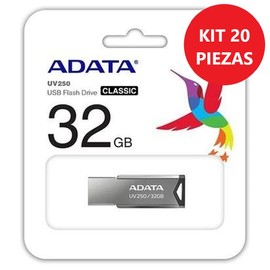 PSA Kit de 20 Unidades Memoria de USB de 32 GB de Capacidad ADATA Modelo (UV250) de Material metálico con Interfaz 2.0 Color Plateado COMPUTO Y PAPELERIA