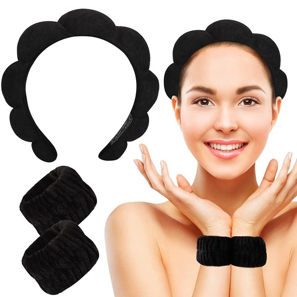 3 Piece Spa Headband Wrist Wash Band Set, Makeup Headband and Bracelet for Face Washing, Skin Care, Microfibre (Black)