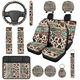 DBBXHZJY 14 Pcs Aztec Cow Print Car Seat Covers with Steering Wheel Cover, Armrest Cushion Head Rest Protector Seat Belt Covers, Brown Cow Print Automotive Accessories Interior Fit Most of Cars