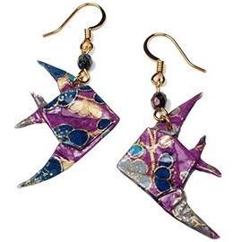 Plum Purple Teal Blue Origami Paper Angelfish Earrings, 1st Anniversary Zodiac Pisces Birthday Gift