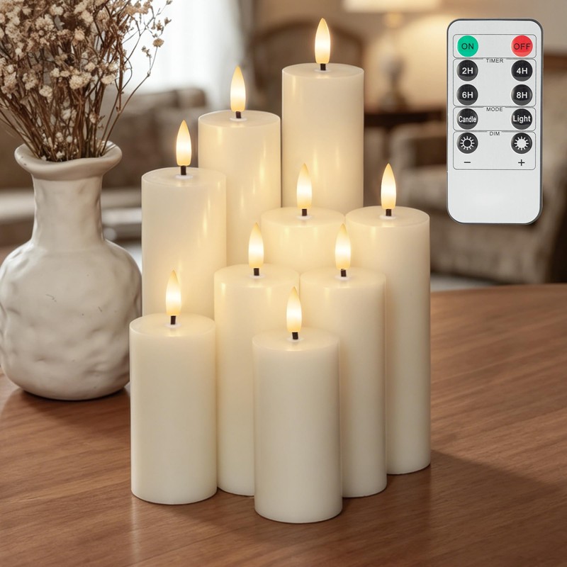 SEHNSY Flameless Pillar Candles, 9 Pack Ivory Real Wax Remote
