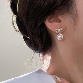 Cimenexe Bohemian Crystal Bow Pearl Dangle Earrings Gold CZ Paved Bow Stud Earrings Bow Tie Pearl Drop Earrings Small Rhinestone Pearl Earrings Jewellery for Women and Girls Gifts, Zinc, No Gemstone