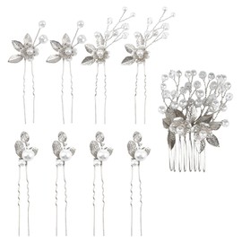 9Pcs Wedding Hair Pieces for Brides, Bridal Hair Pins Combs - Pearl Aesthetic Hairpins | Vintage Headpiece Jewelry for Brides, Bridesmaids, Flower Girls & Women (silver)