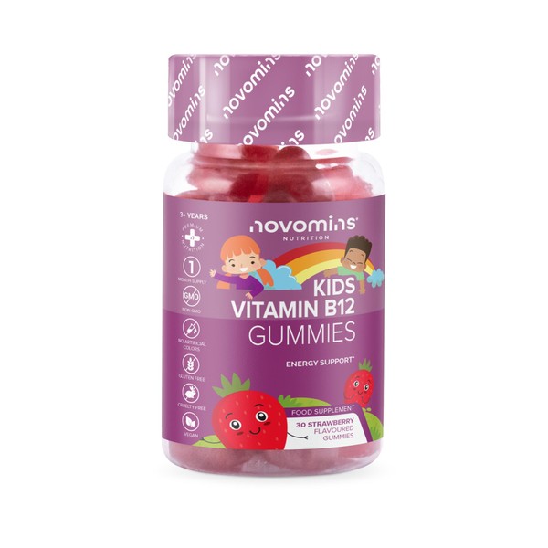 Kids Vitamin B12 Gummies - Energy & Metabolism Support Supplement - 30 Chewable Childrens B Complex Supplements – Vegan, Non-GMO - Enriched with Vitamin C, B1, B2, B6, Biotin - Made by Novomins