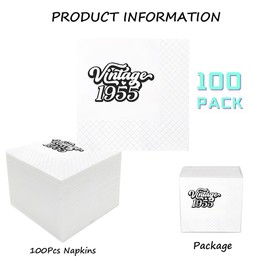 Geloar 70th Birthday Vintage 1955 Cocktail Napkins, 100 Pack Black Vintage 1955 70th Birthday Paper Cocktail Beverage Napkins in Bulk for His Her Seventy 70th Birthday 2-Ply, 4.5x4.5" (Vintage 1955)