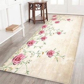 Long Runner Rug for Hallway,Spring Chic Floral Roses Vintage Country Shabby Romantic Rose Flowers Luxury,Area Rug Non-Slip Floor Carpet for Bedroom Indoor Doormat Washable Entrance Door Mat