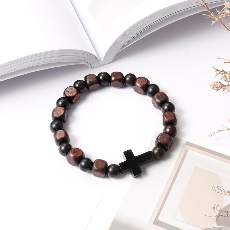 Eigso Black Onyx Beaded Cross Bracelet Christian Gift Rosary Beads