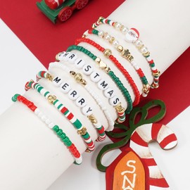 Twinfree 9pcs Christmas Bracelets Stackable Beaded Heishi Stretch Preppy Bracelets Santa Claus Snowman Christmas Tree Bracelet