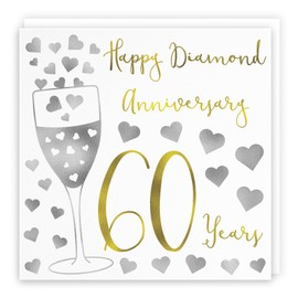 Hunts England - 60th Wedding Anniversary Card - Happy Diamond Anniversary - 60 Years - Silver Hearts Collection - For Couples, Friends, Him, Her