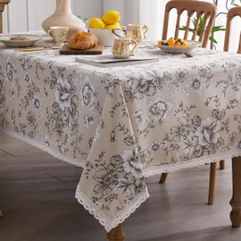 Fantastshop Linen Cotton Tablecloth Rectangular with Black Flower Print - Vintage Spill Proof Table Cloth with Lace Trim - Farmhouse Rustic Black Peony Table Cover for Dining Table 60 x 102 Inch.