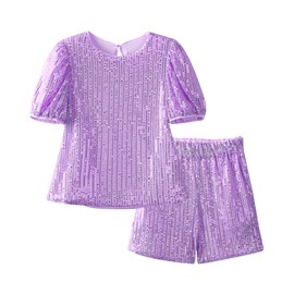 WELAKEN Girls 2 Piece Sequin Summer Outfits Kid Toddler Puff Sleeves Top and Shorts Set with Pockets