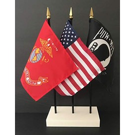 Made in the USA. 1 American, 1 Marine Corps and 1 POW/MIA 4"x6" Miniature Desk & Table Flag, Includes Custom Made White Flag Stand & 3 Small Mini Stick Flags (4x6 US Marines Flag Set)