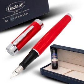 Conklin Herringbone Signature Fountain Pen Red Medium Nib + Free 15ml Ink Bottle – Premium Gift Pen for Writers, Professionals, Collectors
