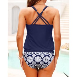 Tempt Me Blouson Two Piece Tankini Swimsuits for Women Tummy Control Bathing Suits with Bottoms Modest Loose Fit Swimwear, Navy Blue Geometry, X-Large