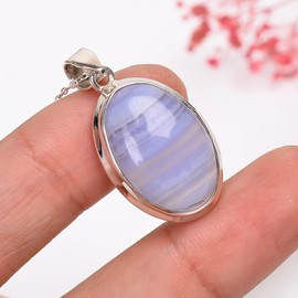 GEMKORA Natural Real Blue Lace Agate Crystals Bezel Oval Pendant Necklace, Polished Birthstone, Healing Cabochon Gemstone, Birthday, Christmas Day Gift Jewelry, 925 Sterling Silver Jewellery 18 inch