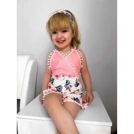 UNICOMIDEA Toddler Girl Clothes Modest Baby Pink Flower Playsuit 2T Girls Outfit with Headband Cute Summer Romper Comfy 3T Girl Romper Funny Backless Bodysuit 2-3T Jumpsuit