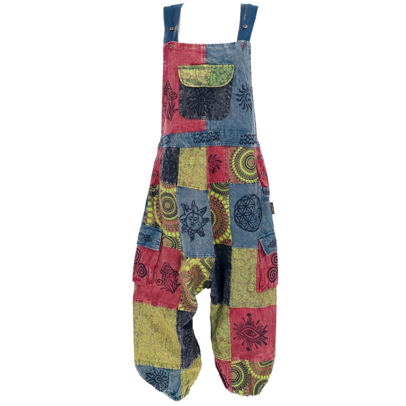 GURU SHOP Natural Patchwork Dungarees, Jumpsuit, Women, Green, Cotton, Size: