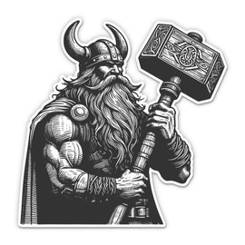 Viking with Thor's Hammer - 3" Vinyl Sticker - for Car Laptop Water Bottle Phone - Norse Warrior Decal