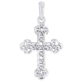 14k White Gold Textured Filigree Christian Orthodox Cross Charm Pendant, White Gold