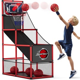 HYES Basketball Arcade Game Indoor Outdoor, Kids Basketball Hoop with 4 Balls & Pump, Single Shot Basketball Game at Home, Carnival Games Sport Toys for Boys Girls Teens