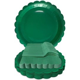 WYQJHKV Dark Green Paper Plates and Napkins,7 Inch Dark Green Scalloped Disposable Dessert Plates Paper Napkin Fork Party Supplies for Wedding Baby Shower Birthday(25 Guest)