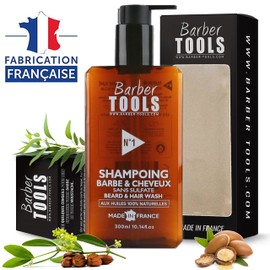 Beard Shampoo and Hair Shampoo - 300 ml with Argan Oil and Jojoba Oil for Beard Care - Made in France - Barber Tools