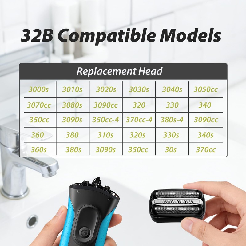 32B Replacement Shaver Heads, Compatible with Braun Series 3 Shavers