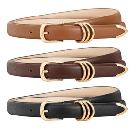 WERFORU 3 Pack Women Skinny Leather Belt for Dress Jeans, Fashion Thin Belt with Gold Buckle(Black+Brown+Coffee,39.4"Length, Fit Waist Size 26"-30")