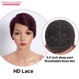 Rebecca Fashion 99J Burgundy Short Pixie Cut Lace Front Wigs Human Hair Side Part Wig 13x5.5x0.5 Glueless HD Lace Wig Short Pixie Wigs for Black Women Pre Plucked with Baby Hair