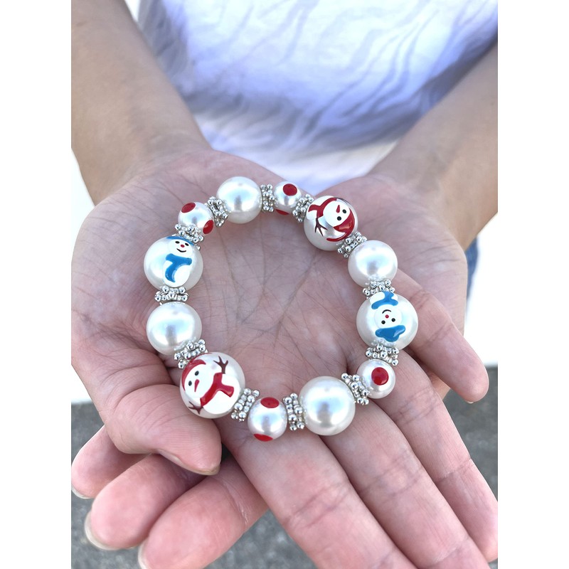Linpeng Christmas Beaded Bracelet, White Snowman Bracelet For Women Girls,