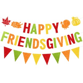 JKQ Glitter Happy Friendsgiving Banner and Glitter Pennant Banner Thanksgiving Fall Garland Banner Friendsgiving Party Decorations for Thanksgiving Turkey Day Fall Home Party Supplies