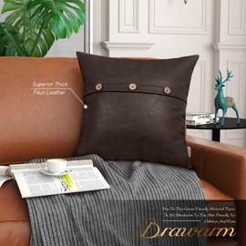 BRAWARM Leather Throw Pillow Covers 18 X 18 Inches, Coffee Faux Leather Pillow Cover with Triple Button, Farmhouse Decorative Faux Leather Pillows for Couch Sofa Bed Home Garden