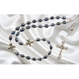 Handmade Eastern Orthodox Rosary Greek Chotki Blue Freshwater Pearls 8 MM Sterling Silver Bead Silver Plated Beads Ornate Crucifix