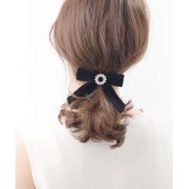 VINGTAINE H7736-CL- Barrette Ribbon, Bijou, Velvet, Black, Long Ribbon, Hair Clip, Hair Accessories, For Bundled Hair
