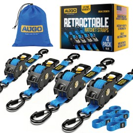 AUGO Retractable Ratchet Straps | 4 Heavy Duty Ratchet Straps Self Retractable Tie Downs with Soft Loops & Storage Bag for Motorcycle, Truck, Trailer, Cargo Van | 1200 Lb Break Strength 1” x 10’