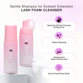 Curacoro 60ML Eyelash Extension Cleanser (Rose Scented) - Lash Shampoo for Lash Extensions, Eyelash Extension Foam Cleanser for Sensitive Skin, Removes Waterproof Makeup for Professional & Home Use