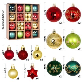 Pack of 44 Christmas Tree Baubles, Christmas Baubles Plastic Set, Weatherproof Christmas Baubles for Festival Decorations, Christmas Tree Decorations, Traditional Theme Red & Gold & Green