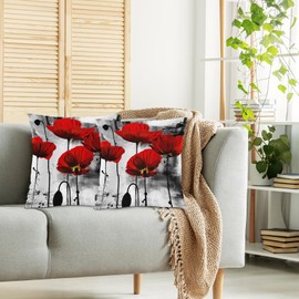 Swono Poppy Flower Set of 2 Square 18x18 Inch Throw Pillow Cover Red Poppies Soft Pillowcases Pillow Cushion Covers for Home Sofa Couch Garden Bench Living Room Car Decoration, Grunge Poppies Field