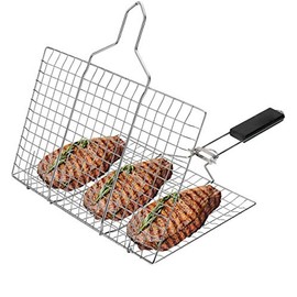 Elly Stainless Steel Hand Folding Grill,Portable BBQ Grill Basket, Stainless Steel Grilling Basket with Removable Handle, Perfect for Grilling Vegetables, Fishes, Shrimp 19x12.5