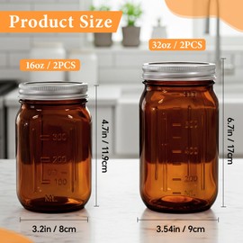 4 Pcs Amber Glass Mason Jars Set (2 x 16oz + 2 x 32oz) Glass Mason Jars Amber Canning Container Set Embossed Fermenting Container with Airtight Lids for Canning Preserving Beverages