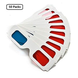 3D Paper Glasses, Red and Cyan Anaglyph, White Cardboard Frame, 50 Pairs