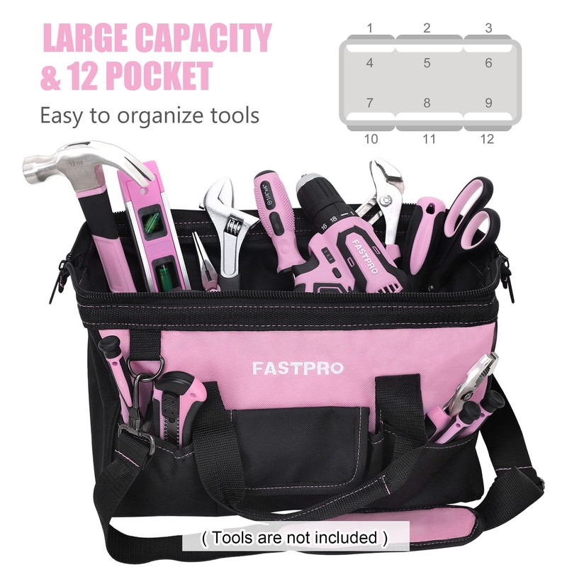FASTPRO 14-Inch Pink Tool Bag for Women, Zip-top Wide Mouth