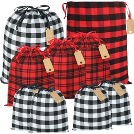 HRX Package 9pcs Drawstring Gift Bags, Small Medium Large Gift Giving Bags Buffalo Plaid Xmas Wrapping Bags for Awkward Size Christmas Presents, Birthday Wedding Holiday Party Favors Decoration