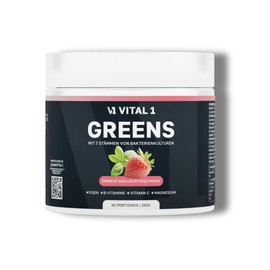 Vital 1 Greens mit 7 Bakterienkulturen, 5 grünen Superfoods und Vitaminen & Mineralstoffen, Monatspackung 150g, Erdbeer-Basilikum-Geschmack, Getränkepulver