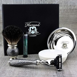 4 Piece Shaving Set For Men Pure Badger Shaving Brush, 3 Edge Razor & Shaving Bowl & Premium Soap INCLUDED FREE ALUMINUM STAND