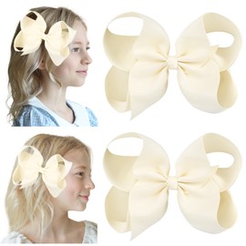 DEEKA 2 PCS 6" Big Hand-made Grosgrain Ribbon Solid Color Hair Bows Alligator Clips Hair Accessories for Little Teen Toddler Girls Kids Set of 2 -Ivory