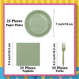 ZJJZOAA 75 Pcs Sage Green Party Supplies,7 Inch Party Dessert Plates Forks and Napkins for Baby Shower Birtyhday Party Supplies,Sage Green Tableware Set for Kids 25 Guests
