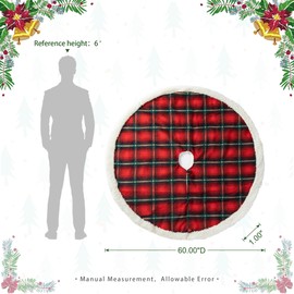 Glitzhome 60" D Oversized Red & Black Plaid Christmas Tree Skirt,Large Buffalo Plaid Reversible Sherpa/Flannel Tree Skirt,Round Tree Ornaments Skirt for Xmas New Year Winter Holiday Party Decorations