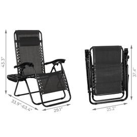 TLSUNNY Zero Gravity Chair Set of 2, Outdoor Folding Lounge W/Detachable Headrest & Holder Tray, Adjustable Textilene Lawn Reclining, No Assembly Required, for Patio, Garden, 330LBS (2, Black)